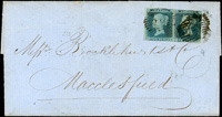 1851年實寄封,貼藍便士無齒橫雙連銷戳不清,背銷LS.22 NO 22 1851十字戳(Page 232)