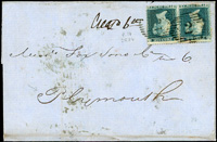 1856年實寄封,貼藍便士有齒橫雙連銷戳不清,背紅色到戳(Page 232)