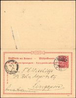 1901年德國雙明信片10分,銷BERLIN,S.W 26.6.01戳,旁銷SINGAPOR JY.22.1901到戳(Page 232)