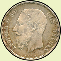 比利時(BELGIUM)1873年利奧波德二世 5 F銀幣,重25克,XF;Krause KM# 24(Page 47)