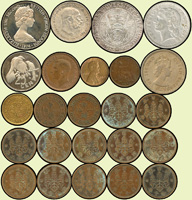 國外錢幣:(1)奧地利1912年法蘭茲·約瑟夫領袖 2 CORONA銀幣,重10克,XF;(2)法國1949年女神 5 Fr鋁幣,XF;(3)英屬維爾京群島1974年褐鵜鶘 5 CENTS及紅樹林杜鵑25 CENTS銅鎳幣各1枚,微氧化,PROOF;(4)美國1940年林肯ONE CENT銅幣,XF;(5)澳洲1943年喬治六世HALF PENNY銅幣,XF;(6)英國1884年維多利亞女王1/4便士銅幣,VF;(7)奧地利1972年薩爾茨堡大學建校350週年銀幣,重20克,UNC;(8)香港1960年1元鎳幣及1949年1毫銅幣各1枚,1933年1仙銅幣2枚,VF-XF;(9)日本桐一錢30枚,含昭和6.9年各2枚.昭和10年12枚.昭和11.12年各5枚.大正8.9年各2枚.大正12年1枚,VF-XF(Page 48)