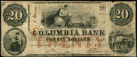 美國(AMERICA)1852年哥倫比亞銀行20元匯票(18*7.3cm),簽用,數摺痕,左邊一破孔背貼紙修補,70新(Page 110)