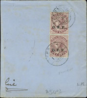 西式封斷片貼英國在華軍郵女皇像1安那2枚,銷F.P.O NO.4 1901.JL.1野戰軍郵局戳,有1901.JL.2基地戳(Page 31)
