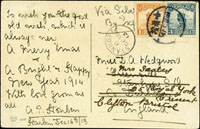 1913年彩色賀卡明信片哈爾濱寄英國,貼倫敦版帆船1分及3分各一枚,銷哈爾濱16.DEC.13漢英小圓戳,英國STANHOPE DE.30.13落地戳 註:倫敦版帆船票於1913年使用甚少(Page 77)