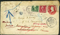 1914年美國寄北京檢查封,美國2分郵簡加貼華盛頓1分.2分共2枚,銷俄亥俄1914.11.14,北京16.DEC.14戳,轉寄上海1914.12.19,轉往香港銷藍色長方形美國駐香港總領事館DEC.25.1914戳及香港1914.12.28日戳,再轉往新加坡1915.JAN.5,再轉印度JAN.13.1915,再抵西班牙馬德里JAN.16.15,再加蓋無人領信長方型戳,最後銷馬德里2.FEB.15 DLO方形戳(Dead letter office);此信經過半個地球,共銷16個各地郵戳及特殊五角形檢查戳(Page 99)