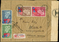 1939年上海寄德國水陸掛號檢查封,貼慶美150年4全,銷上海3.11.39,背銷德國26.11.39到戳,加貼二戰德國檢查封條 註:符合1939.9.1-1941.10.31國際信函5角+續重3角+掛號5角+回執5角=1.8元(Page 99)