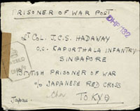 1943年4月二戰戰俘檢查封自印度寄新加坡,背有印度始發日戳,正面蓋有英國檢查章,檢查封條及"DHP/182"檢查章(Page 100)