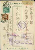 韓目#173.平版續印地圖2角直片嘉義寄日本,加貼平版地圖1元,銷嘉義(乙)46.11.28戳,TOKEY JAPAN 1958.1.6到戳,因故銷退回戳,嘉義47.1.23到戳 (參考價NT$ 1500元)