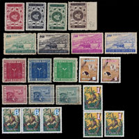 1956~1979年台灣新票103套,零散新票4枚,套票包括:郵政60周年,農復會10週年,兒童節,貝殼,中非技術合作,國民儲蓄,通信衛星,日本萬國博覽會,中沙大橋,風景(68年版),蝴蝶(67年版),民俗(62年版),手工藝(63年版),約旦建國50年,聯合國25周年,書法藝術,第十屆世界氣象節,家庭計畫,國民生活規範,國際自由工會聯合會成立10週年,聯合國教科文組織新廈落成,世界通信周,獅子會成立45週年,行憲十周年,人權宣言十周年,世界童子軍50週年,世界衛生組織十周年,蔣夫人山水畫(二),國民黨第十次大會,玉照閱兵,音樂(65年版),工業建設(50年版,面損),糖業(揭薄面損)..等;以上品相混合,或有重複,部份無膠或摺痕.黃斑,F-VF;歡迎親臨檢視或網上瀏覽全貌