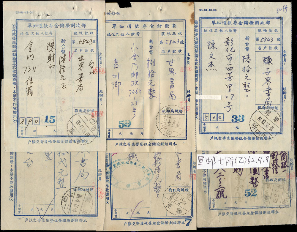 民國46-62年台灣郵政劃撥儲金存款通知單共116件,見銷戳有:(1)儲匯戳48件:北投一支,屏東一.二.四支,善化二.三支,高雄八.十二.十三.十四.十五支,嘉義一.五支,台中十三.十一.十六.十八支,基隆二支,木柵二支,鳳山一支,彰化三支,和美,豐原石岡,梧棲,新社,秀水,里港,隆田,潮州,南港,霧峰,頭城,埔里,民雄,大園,新埔,古坑,土庫,善化,新店;(2)軍郵戳6件:軍郵一局(乙),軍郵二局(乙),軍郵一所(乙),軍郵十三所(乙),軍郵七所(乙);(3)代戳10件:台灣九曲堂佛光山,大溪僑愛,布袋景山,桃園水斗,埔里蜈蚣,大園埔心村,新營烏樹林,后里眉山,竹北六家,水里信義;(4)銷台灣高雄一氣(乙)61.5.31日戳1件;(5)銷台南郵局劃撥儲金藍色圓章2件;(6)各地日戳49件:玉里一支,金門(乙),麻豆(乙),台南二.三.七.十七支(乙),魚池(乙),琉球(乙),宜蘭(寅),後龍(乙),歸仁(乙),善化四支(乙),玉井二支(乙),西湖(乙),花蓮(乙),八德(乙),甲仙(乙),莿桐(乙),中興新村(三)...等等