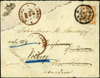 1897年大稻埕寄德國封,貼日郵小判10錢1枚,銷台灣台北大稻埕三十年二月十二日丸一戳,經淡水銷大型TAMSUI TAIWAN 13.FEB.1897歐文戳,背另銷台灣淡水三十年二月十三日褐色丸一戳,中轉香港16.FE.1897,德國BLESEN 20.3.97及COLBERG 21.3.97轉落戳各一枚(Page 228)