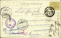 1906年大連鐵道彩色片,貼日郵小判4錢1枚,銷台灣台南卅八年十二月二十三日丸一戳,ANPING TAIWAN JAPAN 23.DEC.05安平紫色戳,寄德國ELLERBEK 30.1.06到戳(Page 229)