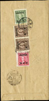 1946年台東寄台北掛號封,背貼普台3.國父倫敦三版限台壹圓橫雙連(左枚壹字隔物印破版),普台4.國父像上海大東一版限台50錢及5元各1枚,銷台東台灣省櫛型戳(日期不清),台北35.12.8櫛型到戳,正面另銷紅色長框掛號章(Page 233)