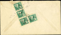 1950年台北寄美國航空封,背貼一版飛雁1元窄距4枚(最左枚『1』字上移位變異),銷台北18.8.50(Page 251)