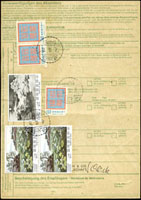 1975年海關進口單據4件,有:(1)貼瑞典票4枚(銷戳不清),另銷臺北(己六)64.3.27日戳以及多種檢查章;(2)背貼雁行圖4.5元2枚,銷臺北(己二)75.3.11日戳,另銷臺北(己四)75.3.6日戳以及多種檢查章;(3)背貼閻海文5元1枚.先聖先賢8元1枚.一版九項建設0.5元1枚,銷臺北(己二)75.12.5日戳,另銷臺北(己四)75.11.11日戳,以及多種檢查章;(4)背貼蔣夫人山水畫(一)2元2枚.5元1枚.莊敬自強1元3枚,銷臺北(己二)75.12.4日戳,另銷臺北(己四)75.11.15日戳,以及多種檢查章