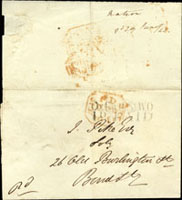 封片二件:(1)1843年寄往英國老伯靈頓街『史前封』,銷P.D. 1843.JUNE.29日紅色八角形戳,另銷牛津 S.W.O./ld PAID黑色郵資已付戳;(2)1941年英國政府明信片(ON HIS MAJESTY'S SERVICE),由威爾斯利省鄉村部區辦公室發出,正面銷BUTTERWORTH 5.AP.1941日戳,另銷大型藍色雙圈章
