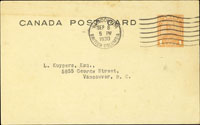 加拿大喬治五世橘色及綠色1C郵資片各一件,分別機銷VANCOUNER SEP.8.1930 BRITISH COLUMBIA戳及VANCOUVER APR 15.1931 BRITISH CILUMBIA波浪戳,寄本埠