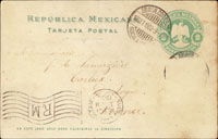 早期封片四件:(1)1903年墨西哥(MEXICO)綠色老鷹圖2CENTAVOS郵資片,銷ADMON CORREOS 19.SET.1903戳,另銷NUEVO LAREDO TAM/SEP.21.1903波浪機械到戳;(2)非洲莫三比克卡爾王一世像加蓋『NYASSA』黑色字10REIS郵資片,未使用;(3)尼泊爾(NEPAL)當地封,背銷:G.P.O手蓋戳,Within Crescent中新月戳,郵政主管蓋私章並封緘,所有戳記都是尼泊爾文;(4)1890年尼加拉瓜2分明信片,加蓋SPECIMEN