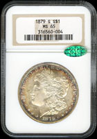 美國1879-S摩根一元銀幣,NGC MS65老盒,CAC認證,表示低評,一般比同級品貴二~四成,淡金色均勻透明包漿(golden toning),極美觀,有吸引力(Page 22)