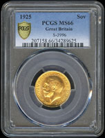 英國1925年一磅金幣,PCGS 金盾MS66,很高分,同級品中較漂亮的。PCGS評的更高的MS66+有7枚,MS67有14枚(Page 23)