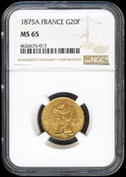 法國1875年20法郎金幣,NGC MS65,第二高分,同級品中算最好看的。NGC評的更高的MS66有11枚(Page 23)
