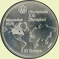 加拿大(CANADA)1973年蒙特婁1976夏季奧林匹克運動會紀念銀幣6枚,包括:(1)10 Dollars蒙特婁天際線圖,重48.6g,Krause KM#87;(2)10 Dollars世界地圖二枚,均重48.6g,Krause KM#86.1;(3)5 Dollars帆船圖,重24.1g,Krause KM#84;(4)5 Dollars美國地圖二枚,均重24.1g,Krause KM#85;以上均UNC(Page 36)