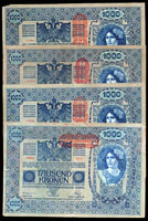 奧匈帝國1902年1000 KRONEN(19.2*13cm)共12張(三種),含正背面:二個女神圖9張,三個女神圖1張,三個女神圖加蓋II版2張,70-80新;Kraus KM#58,KM#60,KM#61