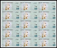 北極洲(ARCTIC)2010年北極熊圖 10 POLAR DOLLARS未裁切15聯塑膠樣鈔,全新,附捲筒