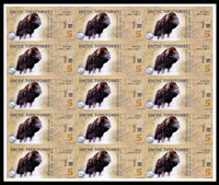 北極洲(ARCTIC)2012年麝牛圖 5 POLAR DOLLARS未裁切15聯塑膠樣鈔,全新,附捲筒