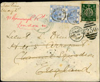 1898年天津寄英國封,貼日本版蟠龍1角1枚,銷天津八卦戳,旁另銷天津海關挖字戳,經上海銷上海閏三月(7.MAY.98)大圓戳,轉上海英國客郵局加貼港郵5仙2枚,銷上海英國9.MY.98客郵戳,轉香港12.MAY.98,英國RADOINCTION 14.JU.98到戳;郵路清晰完整(Page 17)