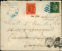 1898年天津寄英國封,貼日本版蟠龍1角1枚,銷天津八卦戳,旁另銷天津1x.MAY.98海關挖字戳,經上海銷上海閏三月(16.MAY.98)大圓戳,轉上海英國客郵局加貼港郵10仙1枚,銷上海英國16.MY.98客郵戳,轉香港20.MAY.98,英國DEVONPORT 20.JU.98到戳;郵路清晰完整(Page 17)