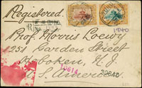 1909年宣統紀念實寄封:蕪湖掛號寄美國,正面貼宣統紀念票3分.7分,背貼宣統紀念票2分.蟠龍4分1枚,郵資20分,銷蕪湖己酉八月廿一腰框戳,上海7.OCT.09小圓戳,SHANGHAI 7.10.09日本客郵戳,日本NAGASAKI 11.10.09過路戳,SAN FRANCISCO NOV.6.1909過路戳,HOBOKEN NOV.11.1909到達戳(Page 19)