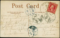1909年美國寄常德彩色明信片,貼美郵2分1枚,銷美國13.OCT.1908戳,經上海13.NOV.26,湖南X州己酉十月卄六干支戳,常德2.DEC.09漢英小圓到戳(Page 20)