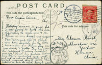 1909年美國寄常德彩色明信片,貼美郵2分1枚,機銷OMAHA 27.JAN.1909,經上海25.FEB.16,湖南X州己酉二月卄四干支戳,岳州3.MAR.09,常德9.MAR.09漢英小圓到戳(Page 20)