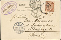 1905年煙台風景片,貼蟠龍肆分1枚,銷烟台漢英小圓戳(日期不清),經上海2.JUN.05漢英小圓戳,同日轉上海法國客郵局,德國HAMBURG 7.7.05到戳(Page 20)