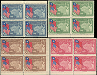 紀14.美國開國150週年紀念4全5套,含4方連1組原膠上品,無膠1套;VF