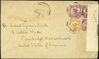 1918年天津寄美國檢查封,貼北京一版帆船1分1枚,5分3枚,銷直隸天津七年三月五日,加貼一戰檢查封條(Page 67)