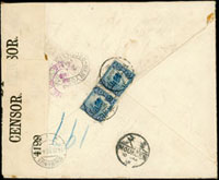 1918年北京寄荷蘭水陸掛號檢查封,背貼北京一版帆船1角2枚,銷北京8.JAN.18,經奉天10.JAN.18,美國紐約2.5.1918中轉戳三枚,荷蘭SCHEVENINGEN 14.Ⅲ.18到戳,加貼一戰檢查封條,封上註明經美國中轉(Page 67)