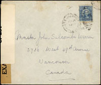 1941年上海寄加拿大水陸檢查封,貼國父像香港大東版伍角1枚,銷U.S.TR SEAOIST FEB.26.1941美國軍郵戳,加貼C281檢查封條(Page 68)