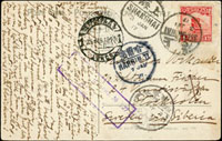 1917年彩色風景明信片貼倫敦版帆船4分,銷上海3.JAN.17戳寄瑞典京,經京奉/行動郵局/6.JAN.17,哈爾濱7.JAN.7,莫斯科12.1.25(俄曆,西曆是1.12),彼得格勒(聖彼德堡舊名)25.FEB.1917軍事檢查戳(Page 68)