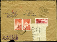 1959年越南寄台中航空掛號封,背貼越南票3枚,銷CHOLON 27-3.1959日戳,台北31.III.59落地戳,台北四月一日到戳,正背蓋『收到時封皮已破/台北郵局(聯)啟』戳記,該戳少見(Page 166)