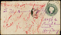 1902年印度寄香港欠資郵簡:印度半分女皇像郵簡,銷印度1902.AP.10,因欠資另銷圓形T字欠資戳,封背另有多枚印度中轉戳(Page 175)