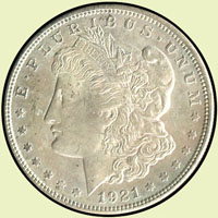 美國(AMERICA)銀幣2枚,包括:(1)1875年坐姿自由女神TRADE DOLLAR銀幣,AU;(2)1921年摩根ONE DOLLAR銀幣,XF(Page 38)