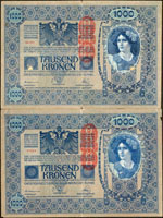 奧匈帝國1902年1000 KRONEN(19*13cm)共3枚,正背面女神圖,80新