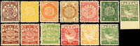 日本版蟠龍12全新票,高額1元.2元.5元二次膠保真,其餘原膠上品;另有5元薄紙無齒樣票帶下邊紙1枚,共13枚;VF(Page 105)