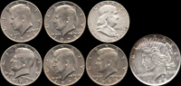 美國(AMERICA)錢幣共7枚,包括:(1)1922年摩根ONE DOLLAR銀幣,XF-AU;(2)1962年富蘭克林D記HALF DOLLAR銀幣,XF;(3)1972年甘迺迪HALF DOLLAR鎳幣5枚,AU