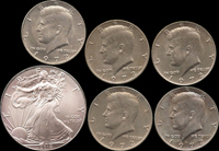 美國(AMERICA)錢幣6枚,包括:(1)2010年鷹揚ONE DOLLAR銀幣,UNC;(2)1972年甘迺迪HALF DOLLAR鎳幣5枚,AU-UNC