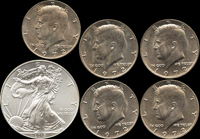 美國(AMERICA)錢幣6枚,包括:(1)2015年鷹揚ONE DOLLAR銀幣,UNC;(2)1972年甘迺迪HALF DOLLAR鎳幣5枚,UNC-BU