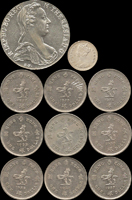 國外錢幣11枚:(1)奧地利(AUSTRIA)1780年瑪麗亞特蕾莎修女1 THALER貿易銀幣,BU;(2)香港1891年1毫銀幣,XF;(3)香港維多利亞女皇圖1978~1980年及1987~1992年1元鎳幣各1枚,XF