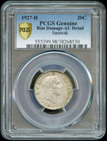 沙撈越(SARAWAK)1927年20分銀幣,H記,少見,PCGS Genuine Rim Damage-AU Detail 金盾(Page 48)